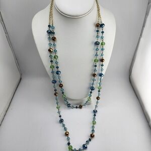 Layered Double‎ Strand Blue Green  Bronze Beaded Necklace